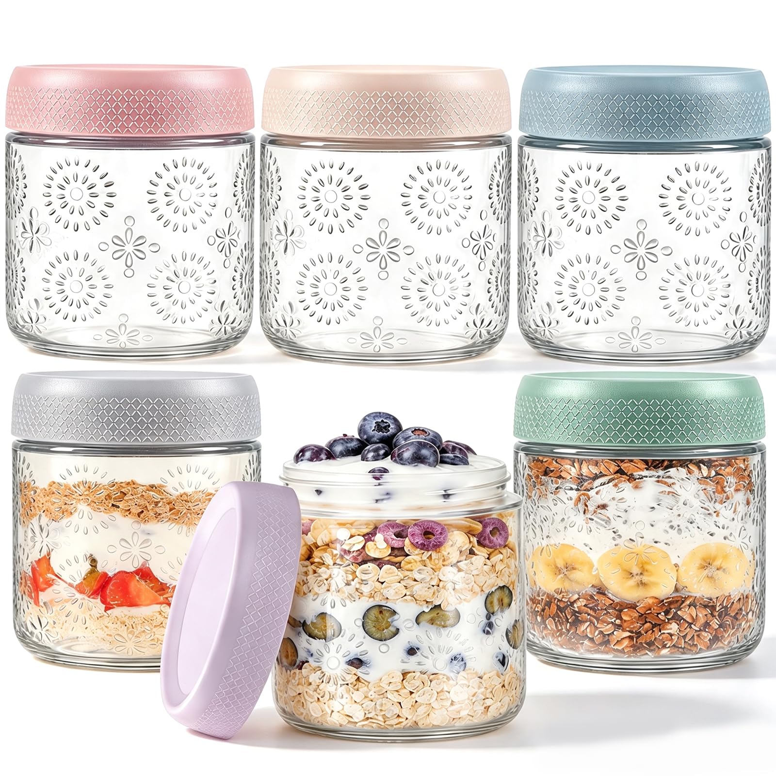Overnight Oats Jars with Lids Set of 6, 450ml Glass Mason Jars with Lids