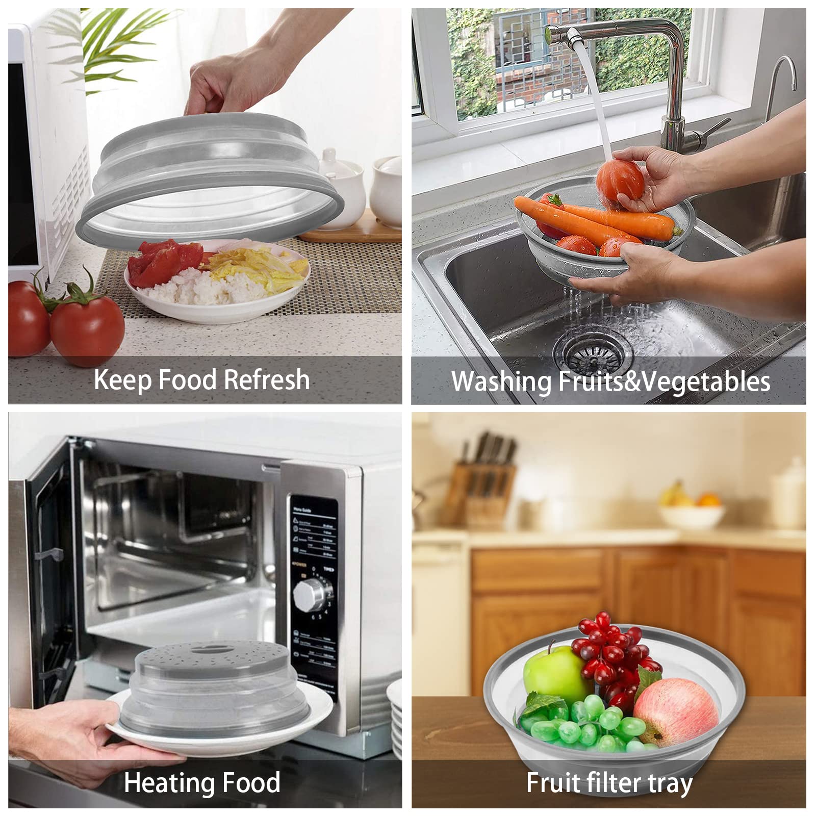 Funda para microondas para alimentos, paquete de 2 fundas de microondas con ventilación plegable con mango de fácil agarre, apto para lavavajillas, sin BPA, redonda de 10.5 pulgadas, gris
