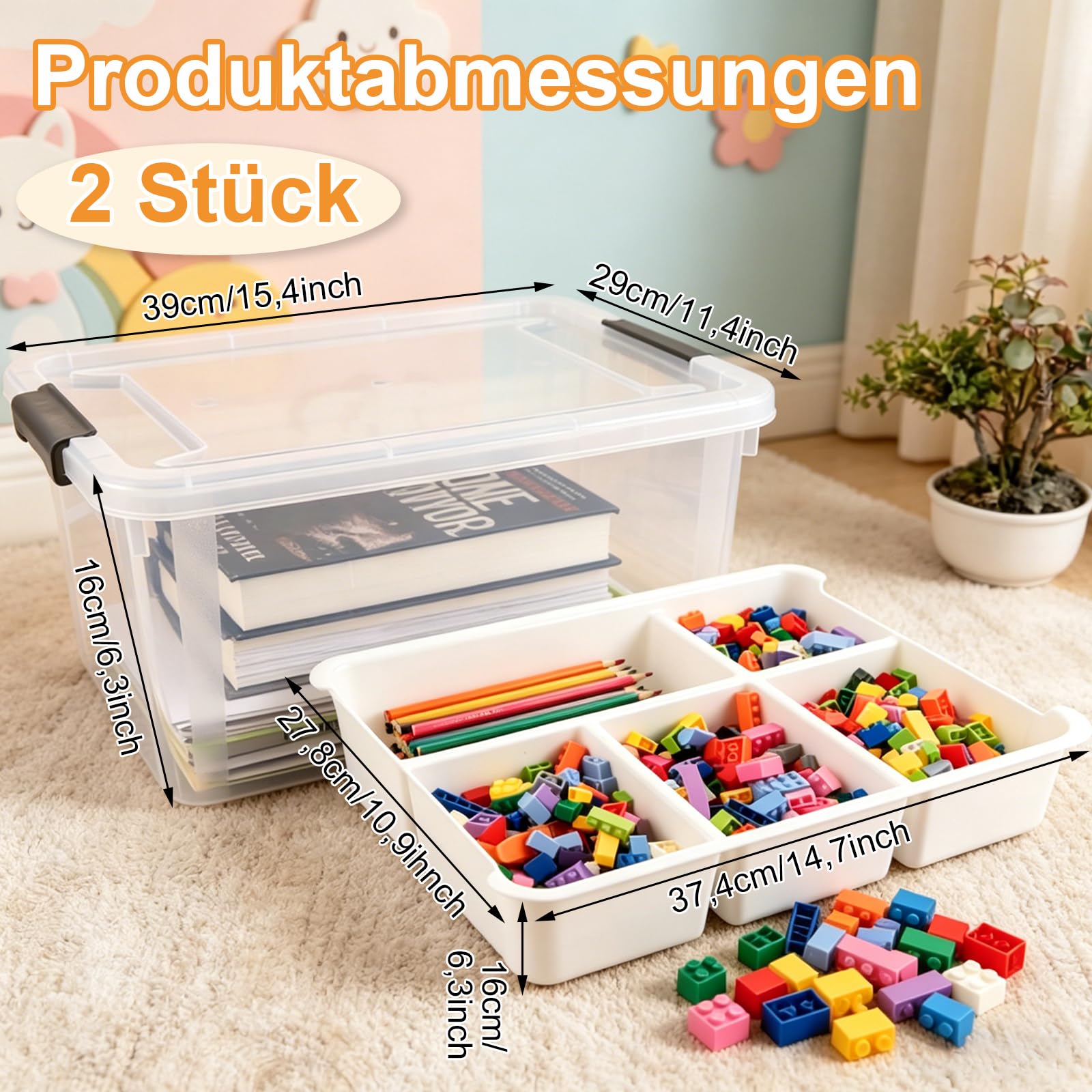 YOUNTHYE Set di 2 scatole portaoggetti con scomparti, 40,5 x 29,5 x 18,5 cm, impilabili, grandi, per mattoncini da costruzione e accessori per il fai da te