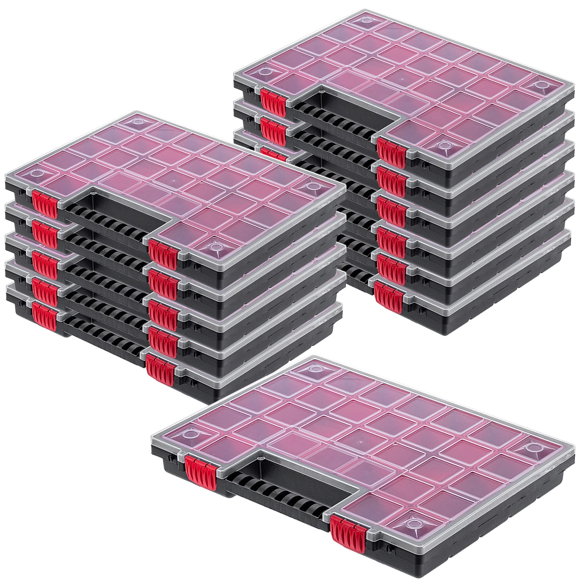 KADAX Organizer con Coperchio Trasparente – Cassetta Porta Minuteria a Scomparti per Viti, Bulloni, Ferramenta, Officina e Garage – Plastica Resistente (40 x 30 cm, 12 Pezzi)