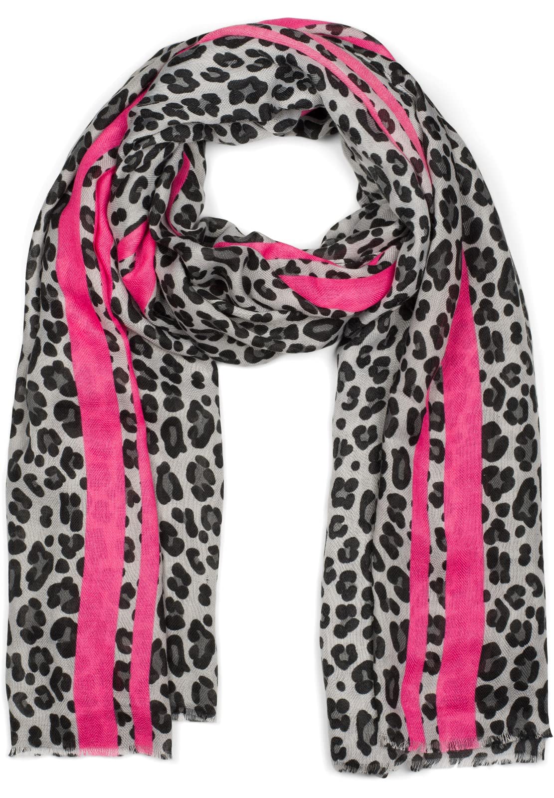 styleBREAKER women scarf with leopard print, coloured stripes and fringing, winter scarf, stole, shawl 01017082, Colour:Grey-Pink