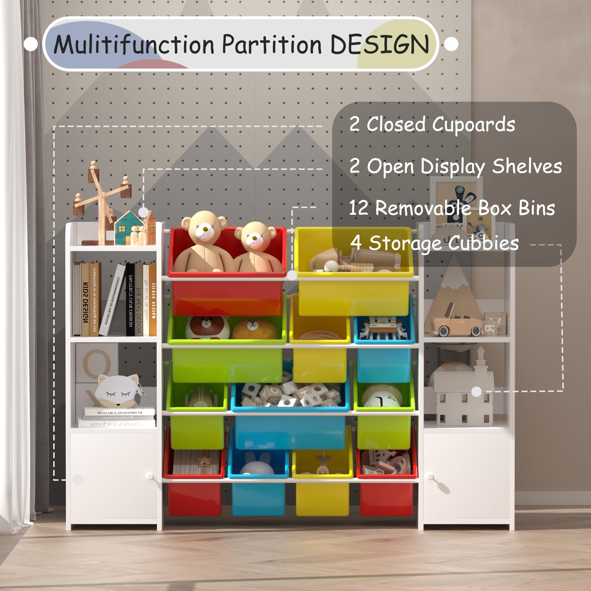 CXQ Large Toy Storage Organizer with 12 Toy Storage Bins, Toy Organizers and Storage with 6 Storage Cubbies, Kids Bookshelf, for Toddler Playroom Organization and Storage Bins (White)