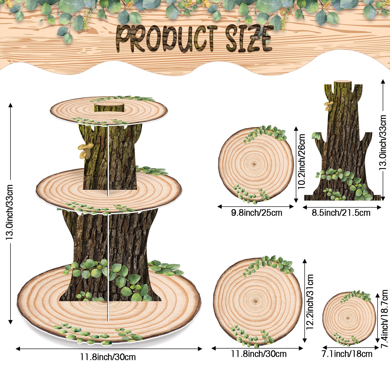 Zopeal Woodland - Supporto per cupcake in legno, decorazione occidentale per torte con foglia verde, supporto per torta da campeggio, per matrimoni a tema bosco, baby shower, safari, feste di