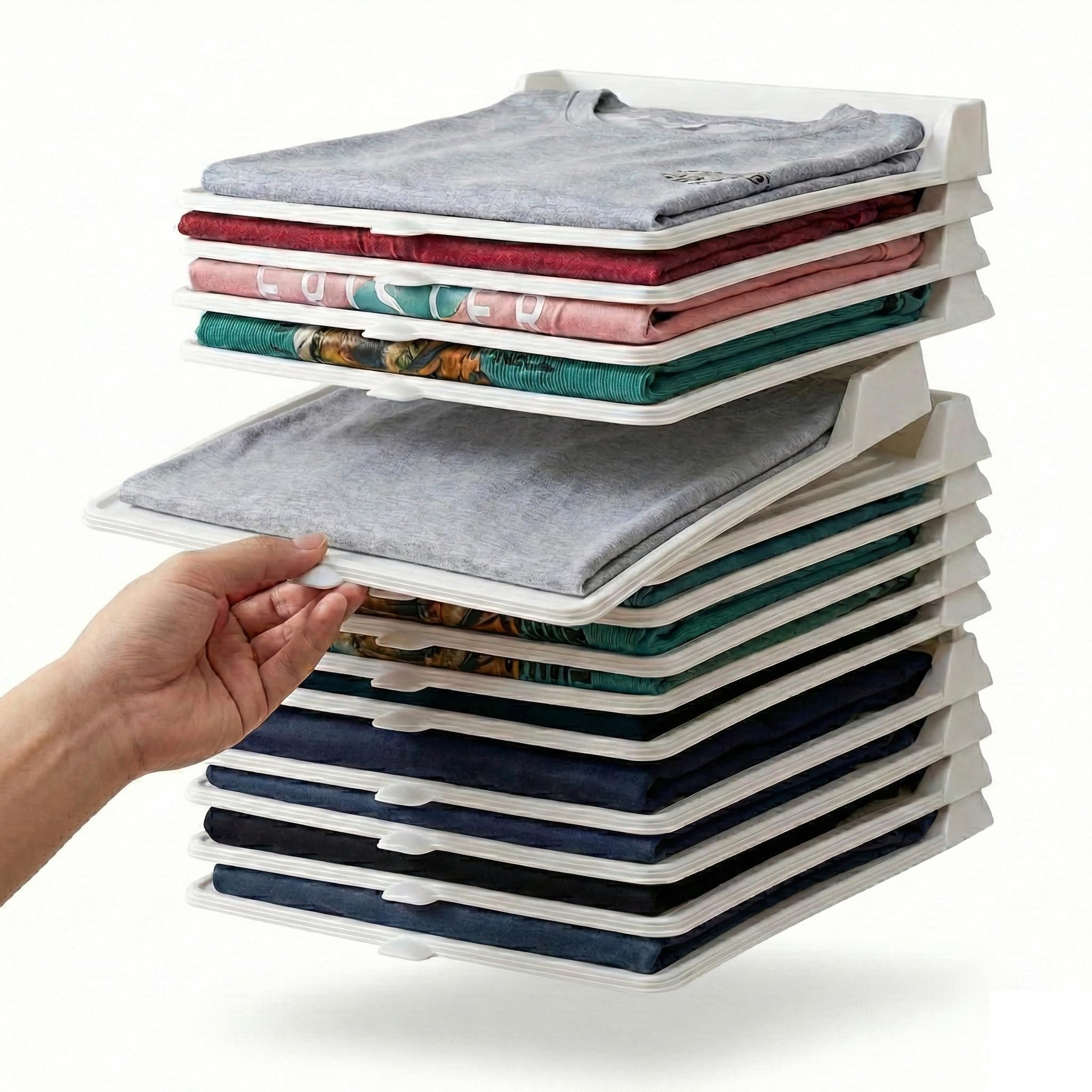 JORCEDI Stackable Closet Organizer for Clothes Folded 15 Pcs Stackable Closet Shirt Organizer System for Shirts Jeans Pants (White A,15 Pcs)