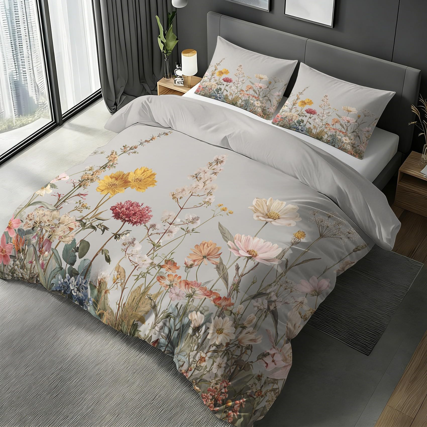 Parure de lit 220x240 fleur sauvage avec housse de couette 2 personnes et taies d'oreiller
