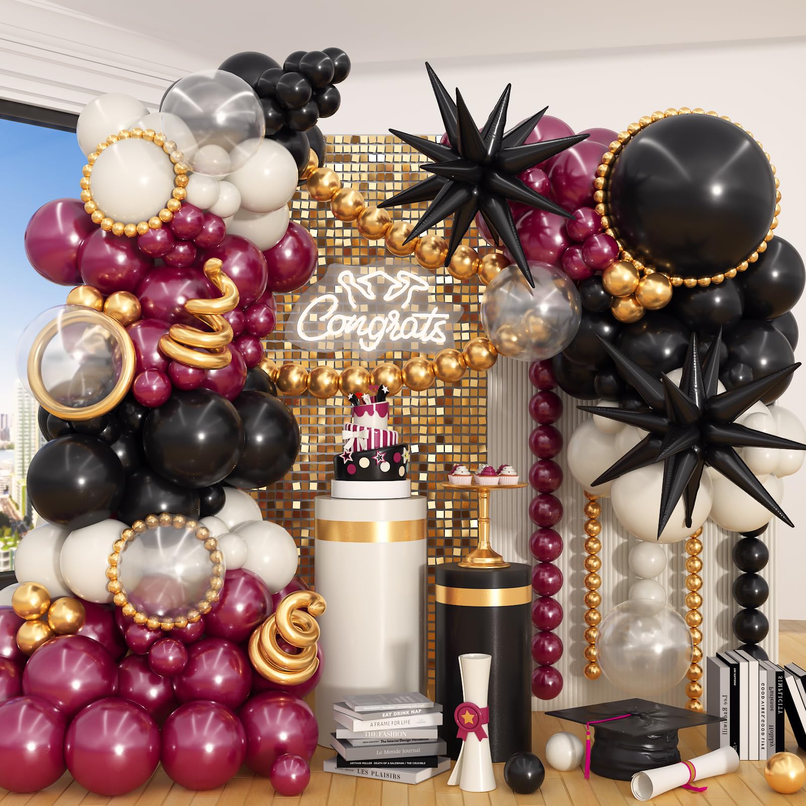 Black Burgundy Gold Balloon Arch Kit, Maroon Black Gold Balloons Garland, Clear White Red Metallic Balloons with Stars Balloon for Birthday Retirement