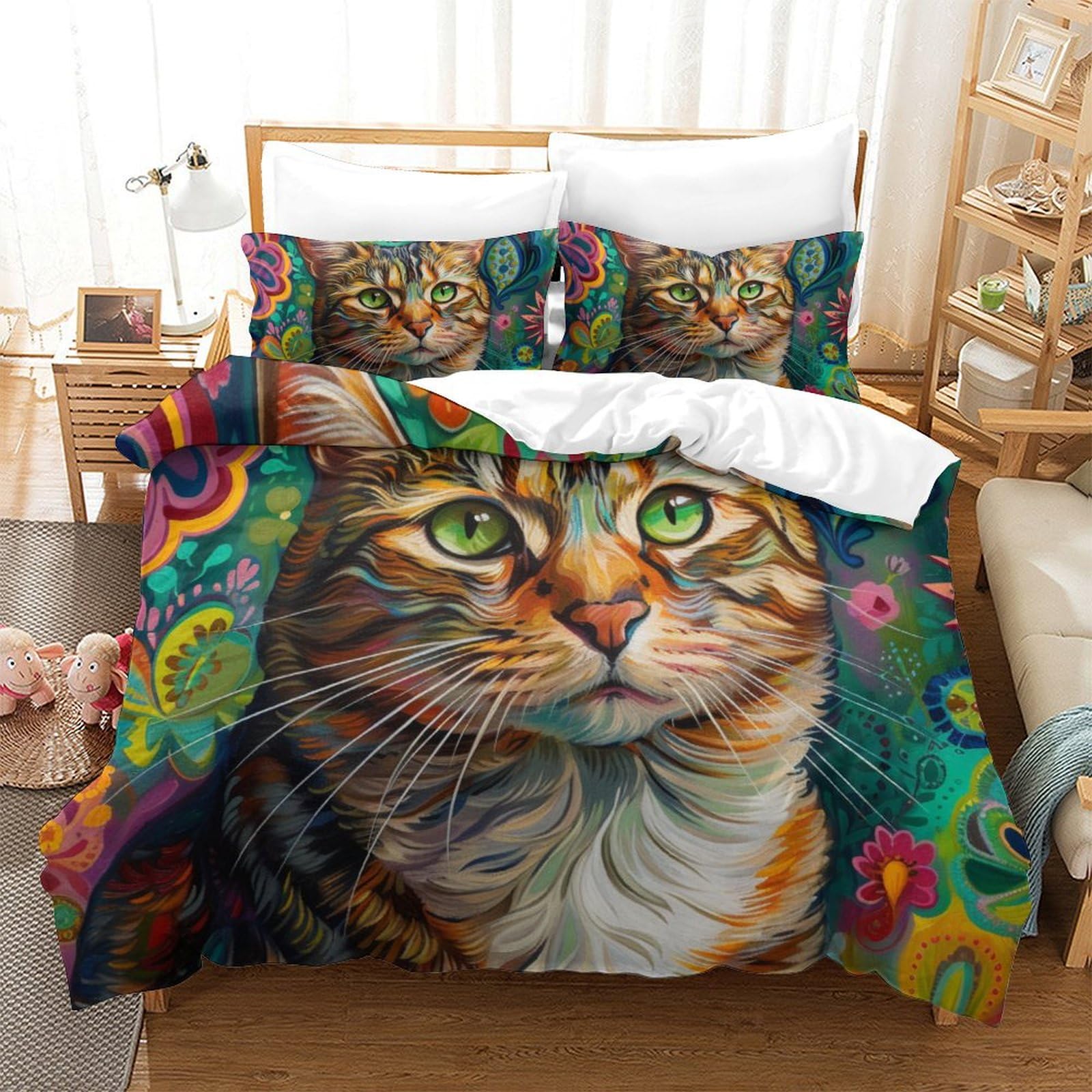 Housse de couette chat 3D 260x220 cm avec taies en microfibre