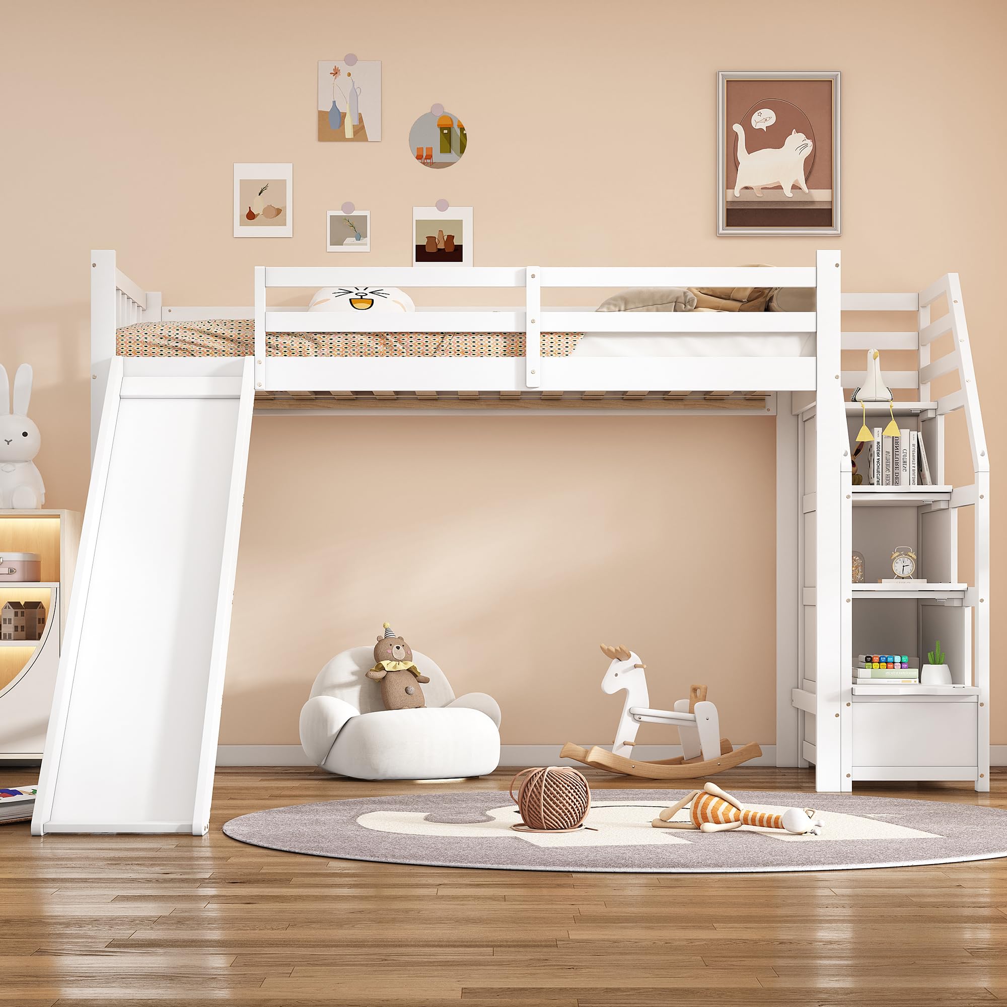 Kinderbett mit Rutsche und Treppe (Ablageleiter), Hochbett 90x200cm, Bett mit Lattenrost & Rausfallschutz, Bettrahmen aus Massivholz, für Kinder und Jugendliche, EN747 Zertifiziert, Weiß