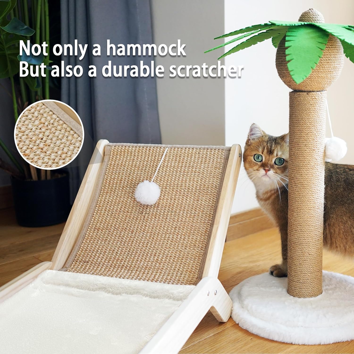 review Beach Chair Cat Hammock, Elevated Cat Beds for Indoor Cats, Original Cozy Cat Lounger with Sisal Scratcher and Toy Ball