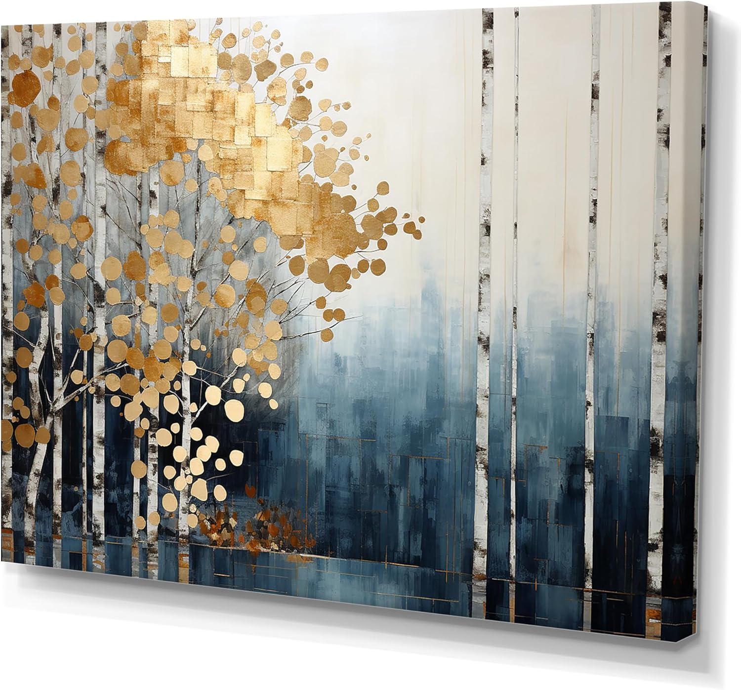 DesignQ Forest Wall Art, Blue And Gold Minimalist Forest, Forest Wall art decor, beige Canvas wall art, 44x34 inches