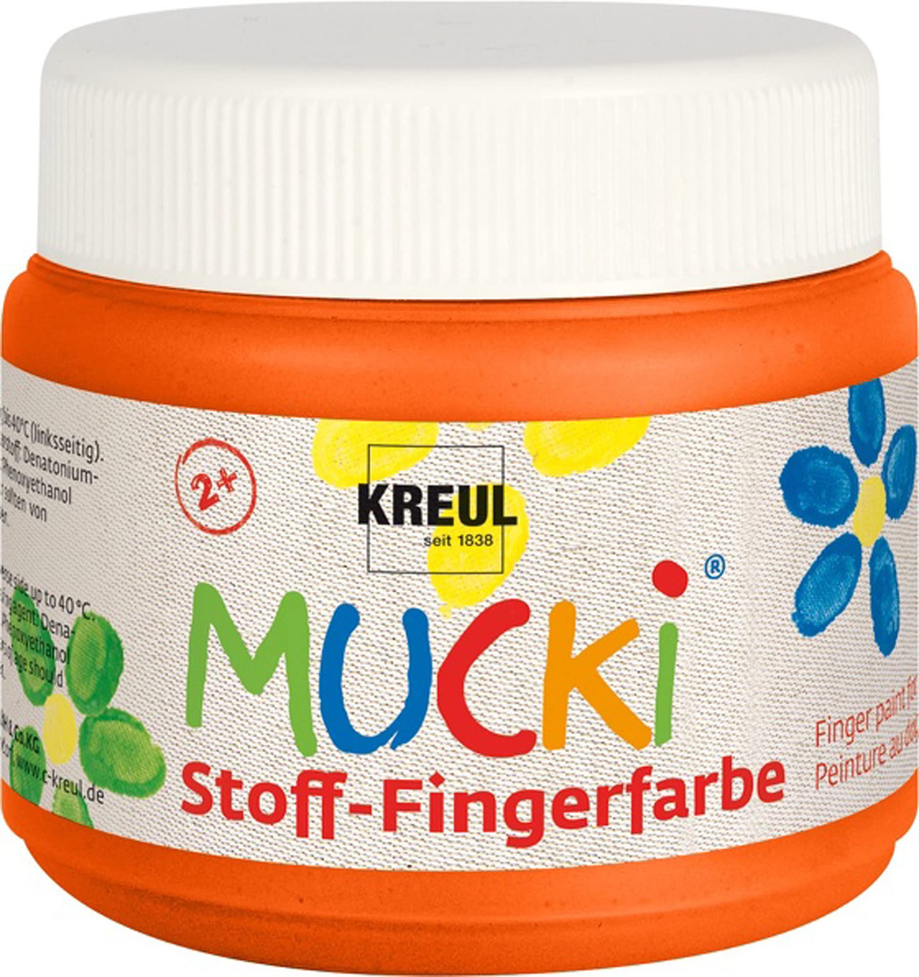 KREUL 28107 - Mucki pintura brillante para dedos de tela, 150 ml en naranja, a base de agua, sin parabenos, sin gluten, sin lactosa y vegana