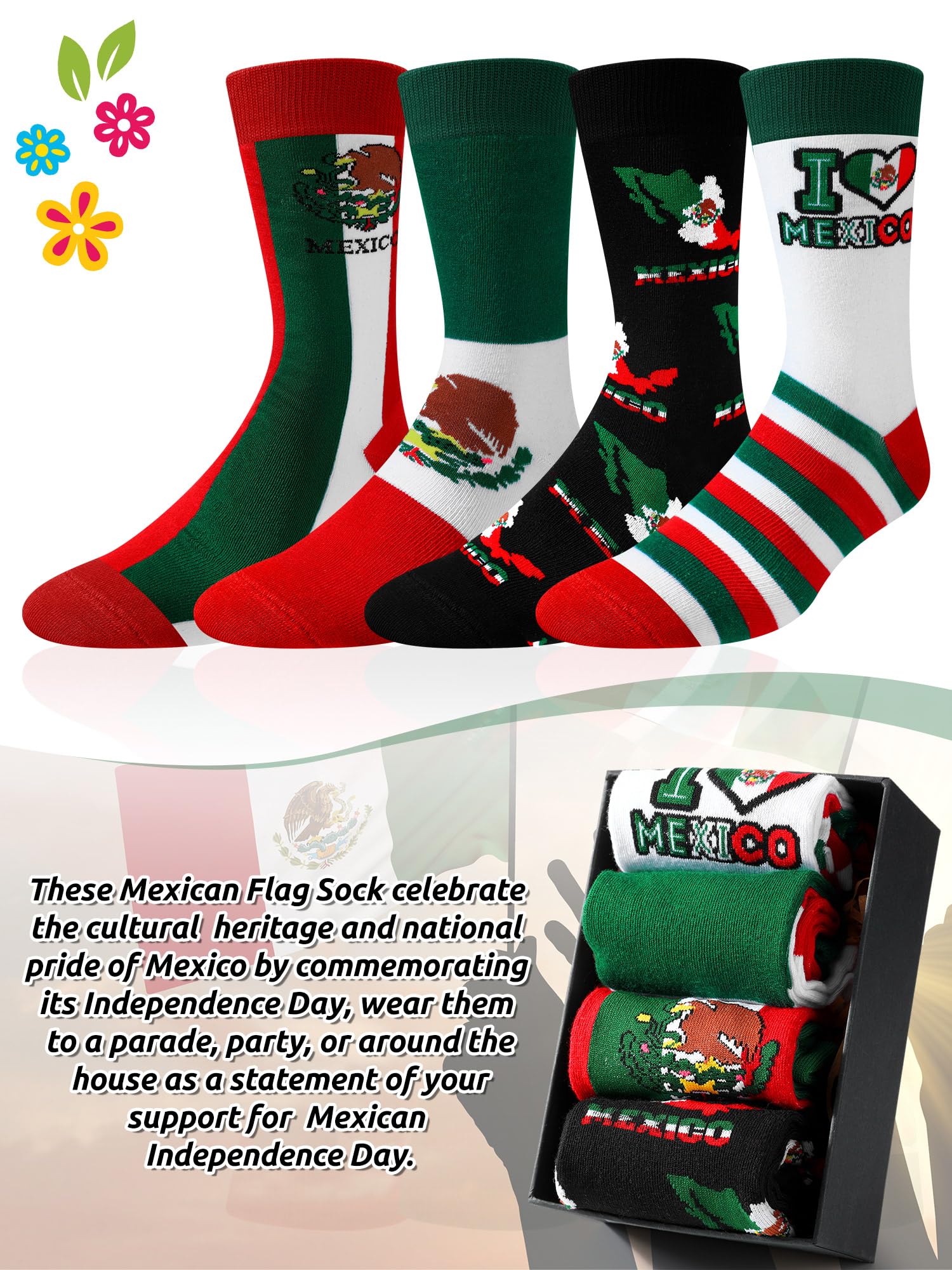 Cutecrop 4 Pairs Mexican Flag Crew Socks Novelty Mexican Gifts and Souvenirs Funny Dress Socks for Men Women