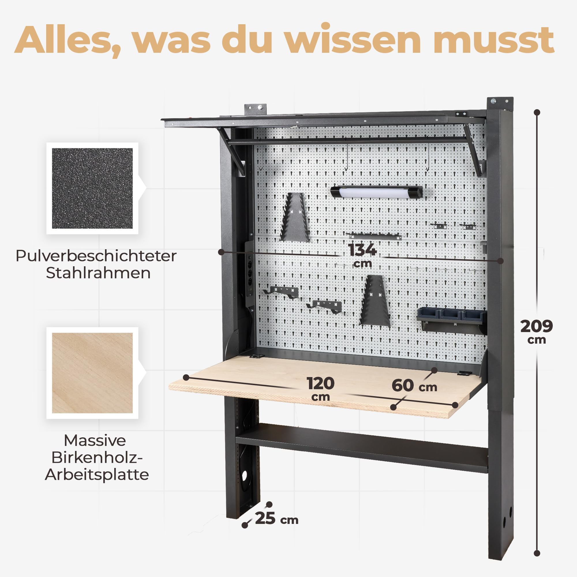 Werkbank für Werkstatt [abschließbar] 75kg Tragkraft, kompakter Arbeitstisch klappbar & höhenverstellbar, LED-Licht & Steckdosenleiste | Stahl-Werkzeugbank für smarte Werkstatteinrichtung