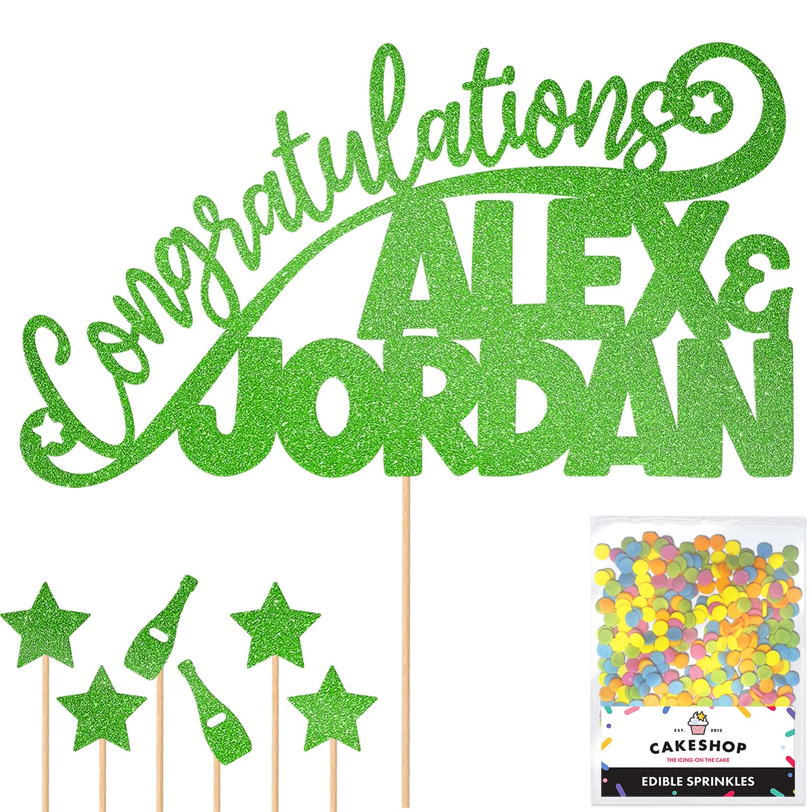 Personalised Congratulations Celebration Glitter Cake Topper - Green Any Name(s) Cake Decoration and Sprinkles - Any Occasion Party Decorations - Personalised Toppers for Cakes by Cakeshop