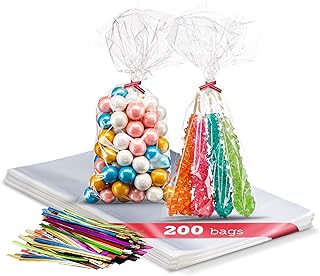 Prestee 200 Pack Clear Plastic Cellophane Bags Goodie Bags [4x9] with 4" Twist Ties, Candy Bags, Cookie Bags, Treat Bags with Ties, Clear Gift Bags, Cellophane Treat Bags (Pack of 200)