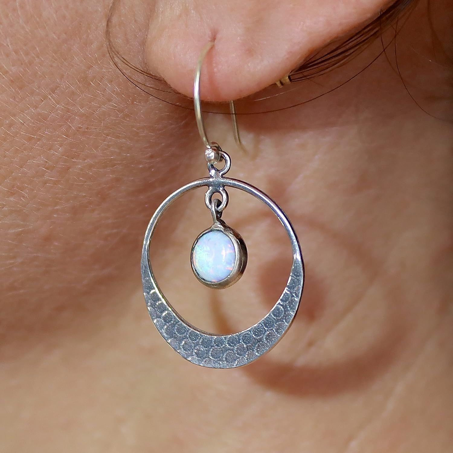 White Opal earrings, Sterling silver 925 dangle earring for women, Open hoop with stone dangle in the center, Hammered silver earrings, Unique silver earrings