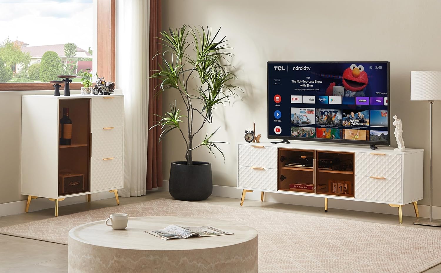 Modern TV Stand Entertainment Center with Glass Doors, 59.9W x 21.7H inches, Navy Blue with Gold Legs (White, 59.9 * 15.7 * 21.7)