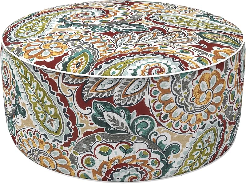 Inflatable Stool Ottoman Footrest with Handle, Decorative Fade-Resistant Foot Stool, Indoor or Outdoor Pouf for Home Garden and Camping Use, D21 x W 21 x H9, Paisley Chilli