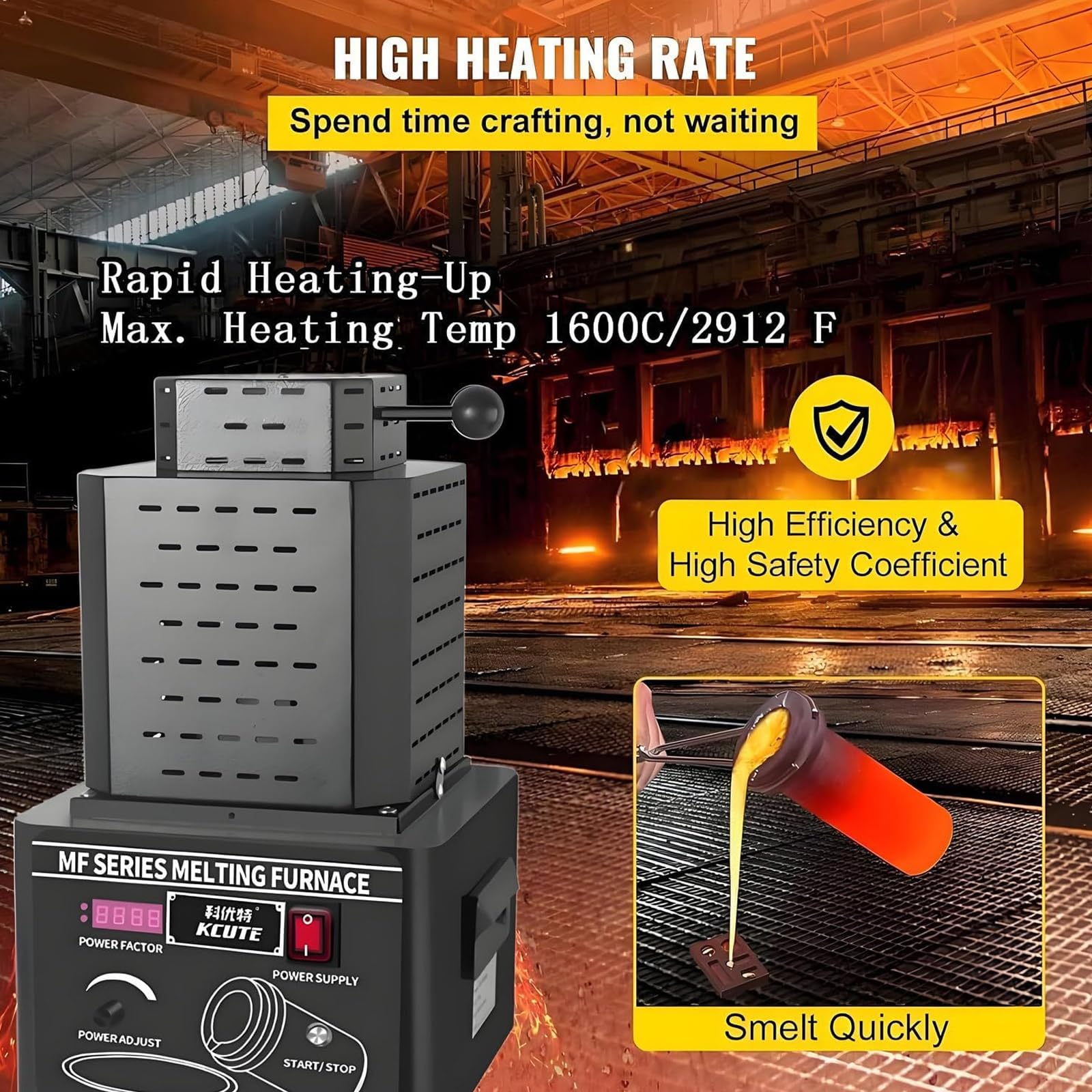Piec do topienia metalu o wysokiej częstotliwości 5000 W, cyfrowe sterowanie PID 1600°C do szybkiego topienia złota, srebra, miedzi i aluminium