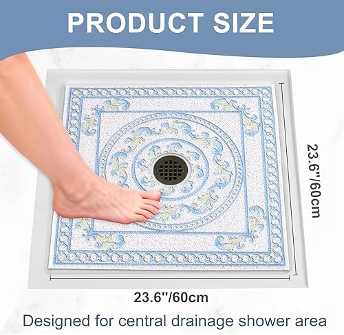 Miniatura 2 de Tapete de ducha cuadrado antideslizante 24 x 24 pulgadas, extra grande, con orificio de drenaje en el medio, tapetes de ducha antideslizantes para