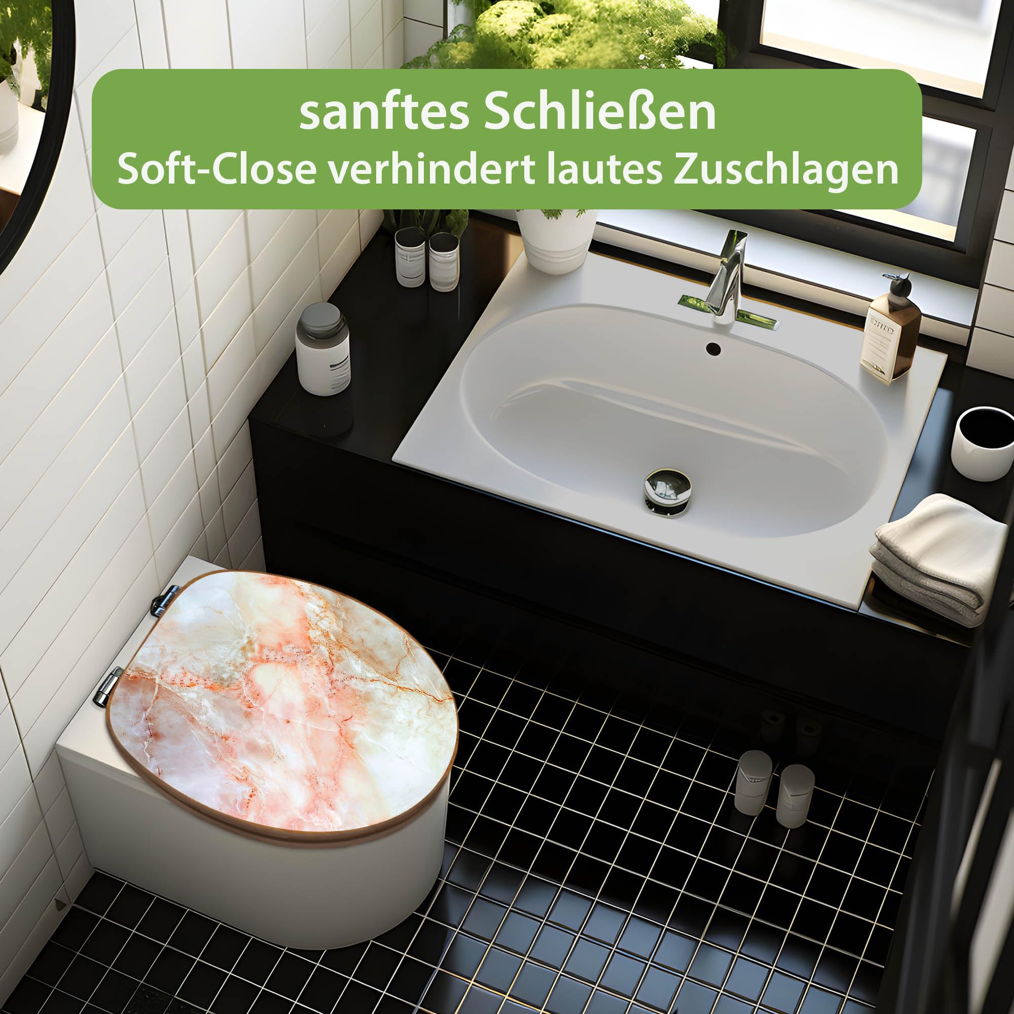 banjado Design WC Sitz Bambus Absenkautomatik 45,8x37,5cm - Toilettendeckel mit Absenkautomatik Holz - hochwertiger Bambus Klodeckel - WC-Sitz für gängigen Toiletten - Motiv Rosa Marmor