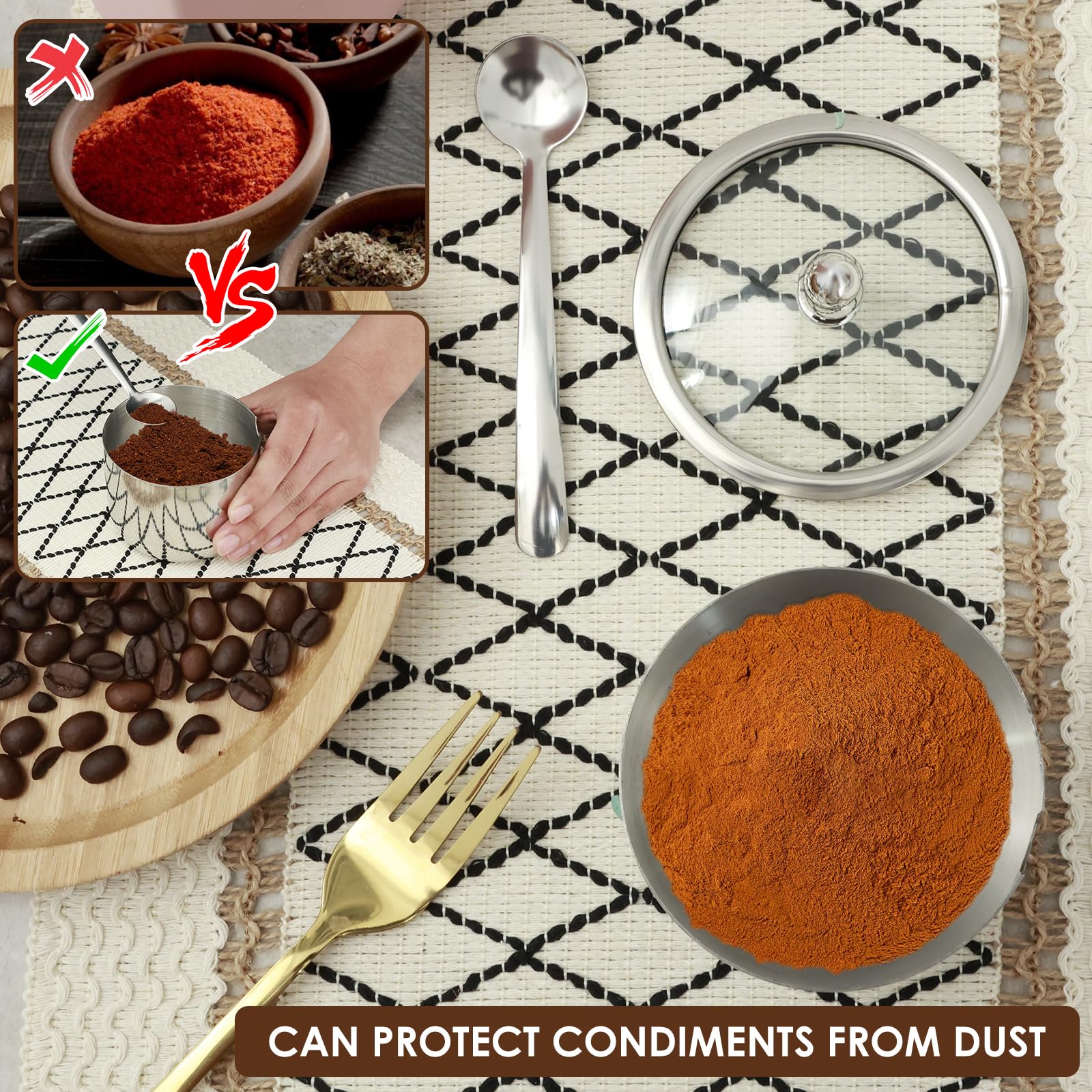 Edelstahl-Schüssel-Set – 2 runde Behälter mit S-Deckel, Löffel und Tablett, rostfreies Se-Glas, Ele Sto für Küche und Essen.