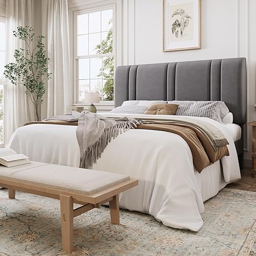 Miniatura 14 de SHA CERLIN Base de cama de plataforma de tamaño matrimonial, cama tapizada de terciopelo con cabecera ajustable, diseño capitoné de canal vertical,