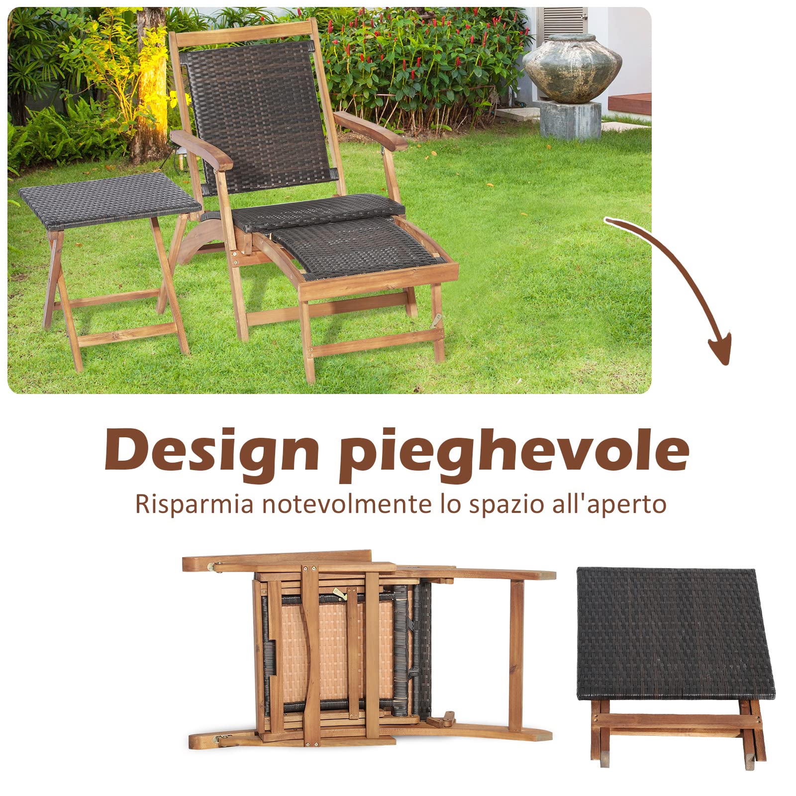 COSTWAY Set Sedia a Patio e Tavolo con Poggiapiedi Telescopico Lungo | Mobili da Giardino da Esterno Pieghevole in Rattan e Legno di Acacia per Giardino e Cortile