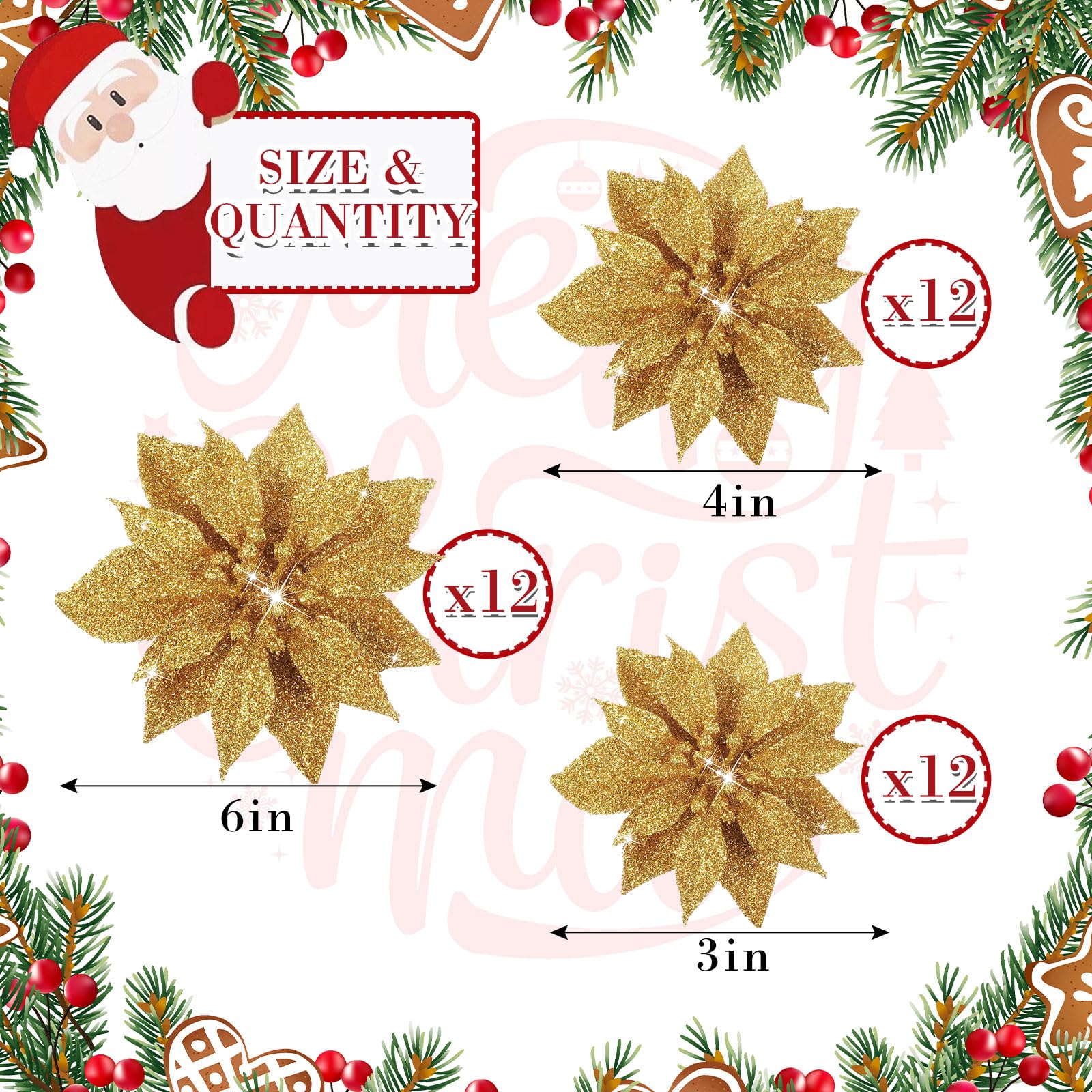 36 Pcs Christmas Glitter Poinsettia Flowers Magnolia Artificial Poinsettia Christmas Decorations Xmas Decorations Flowers with Clips Flower Ornaments for Christmas Tree Wreath 3 Sizes (Gold) - Image 3