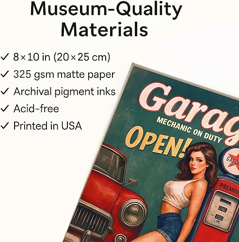 Miniatura 4 de Impresión artística vintage para pared (8 x 10 pulgadas sin marco), póster clásico de mecánica de chica pin up para cueva de hombre y taller,