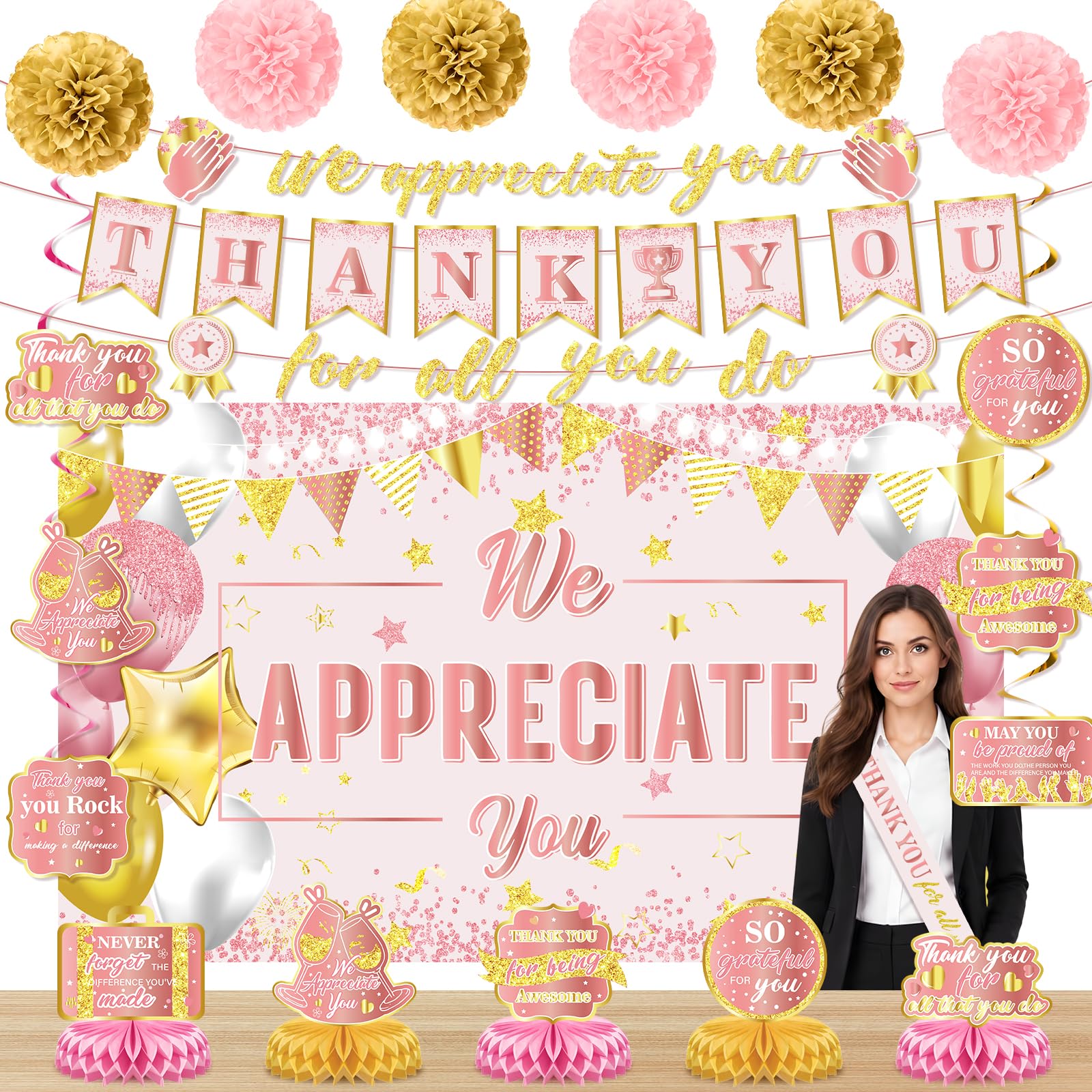 Pink Rose Gold We Appreciate You Party Decorations for Women Labor Day