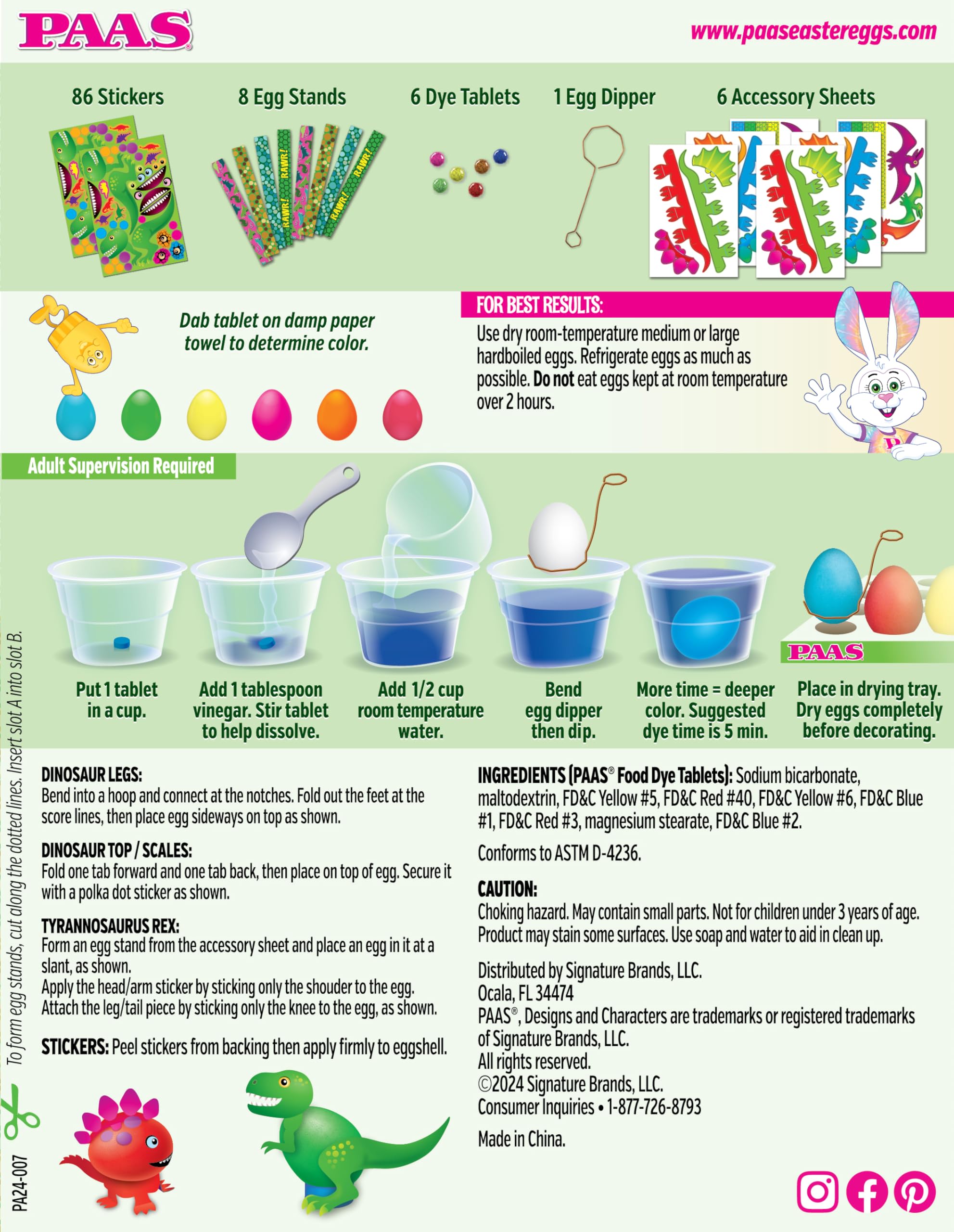 PAAS Dino Egg Decorating Kit - Easy to Create, Includes 86 Stickers, 8 Egg Stands, 6 Dye Tablets, 6 Accessory Sheets, 1 Egg Dipper, 1 Drying Tray