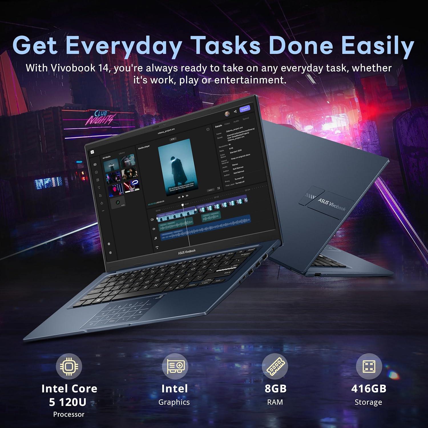 ASUS Vivobook 14" FHD Business Laptop, Intel Core 5 120U, 8GB RAM, 416GB Storage (256GB SSD+160GB Docking Station Set), Intel Graphics, Numeric Keypad, 720p HD Camera, Wi-Fi 6, Win 11 Pro, Blue