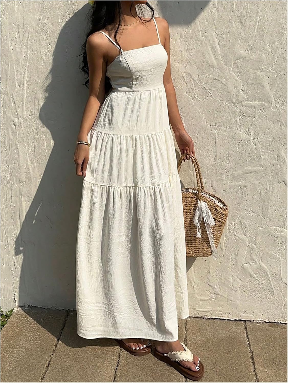 WDIRARA Women's Summer Vacation Tiered Ruffle Swing Maxi Dress Square Neck Smocked Cami Sundress - Image 5