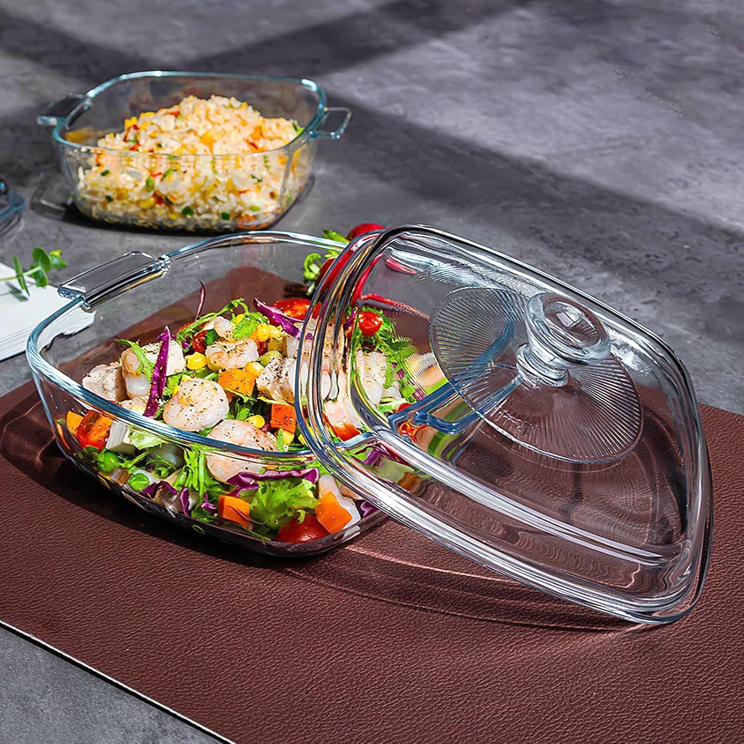 Confezione da 2 casseruole in vetro con coperchio, pirofila quadrata con manico in vetro borosilicato per forno, cucina, casa, feste, cucina, lavabile in lavastoviglie (0,8 L + 1,5 L)