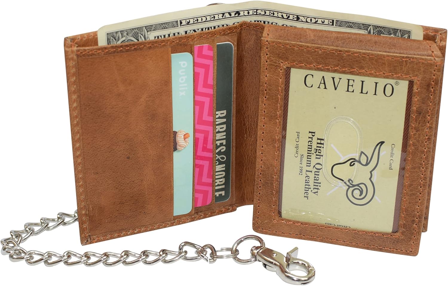 Men's Chain Biker RFID Blocking Genuine Leather L Shape Bifold Wallet USA Series (Tan with Chain)