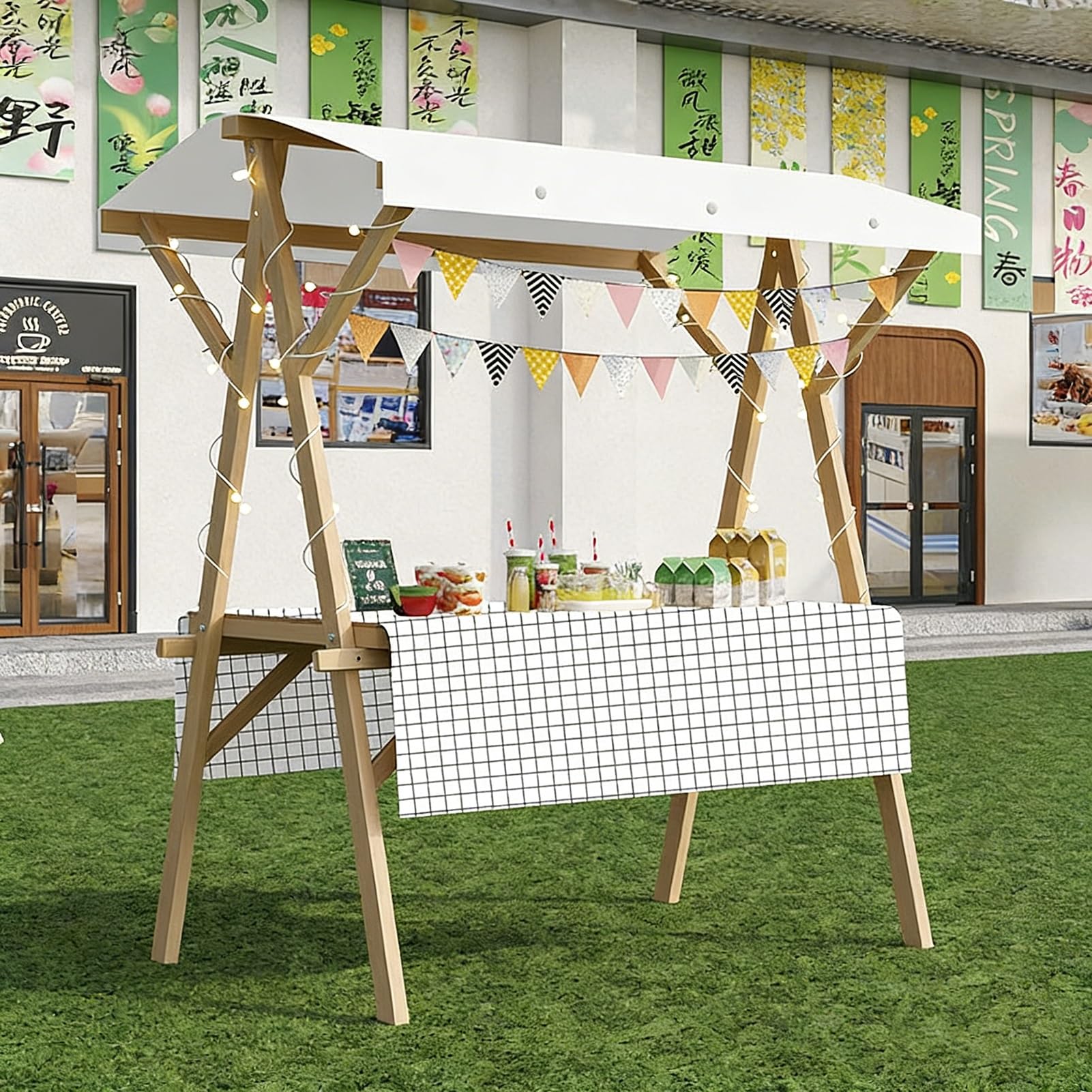 Chariot d'extérieur portable avec auvent rayé, cabine de nourriture pliable en bois pour rue et marché agricole, idéal pour la vente d'événements et le service alimentaire