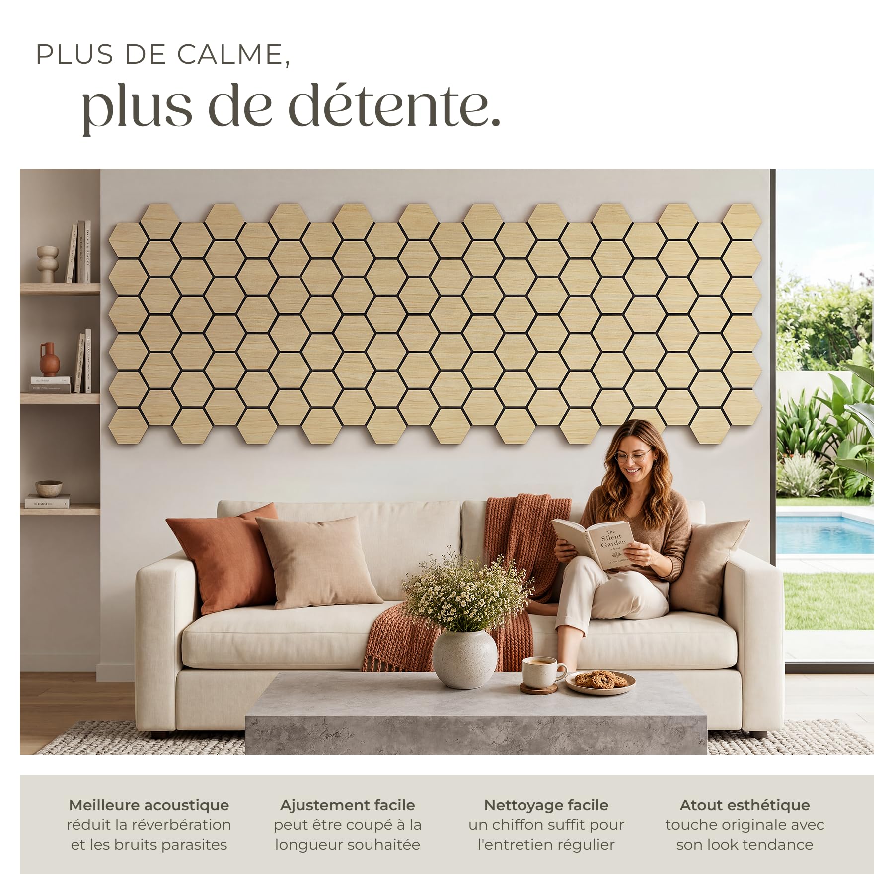 tectake® Panneaux acoustiques 76 x 62 cm, Lot de 8, Aspect Chêne, MDF et Placage en bois véritable, Découpables, Feutre insonorisant, Panneaux isolants phonique, Montage facile - Chêne Clair