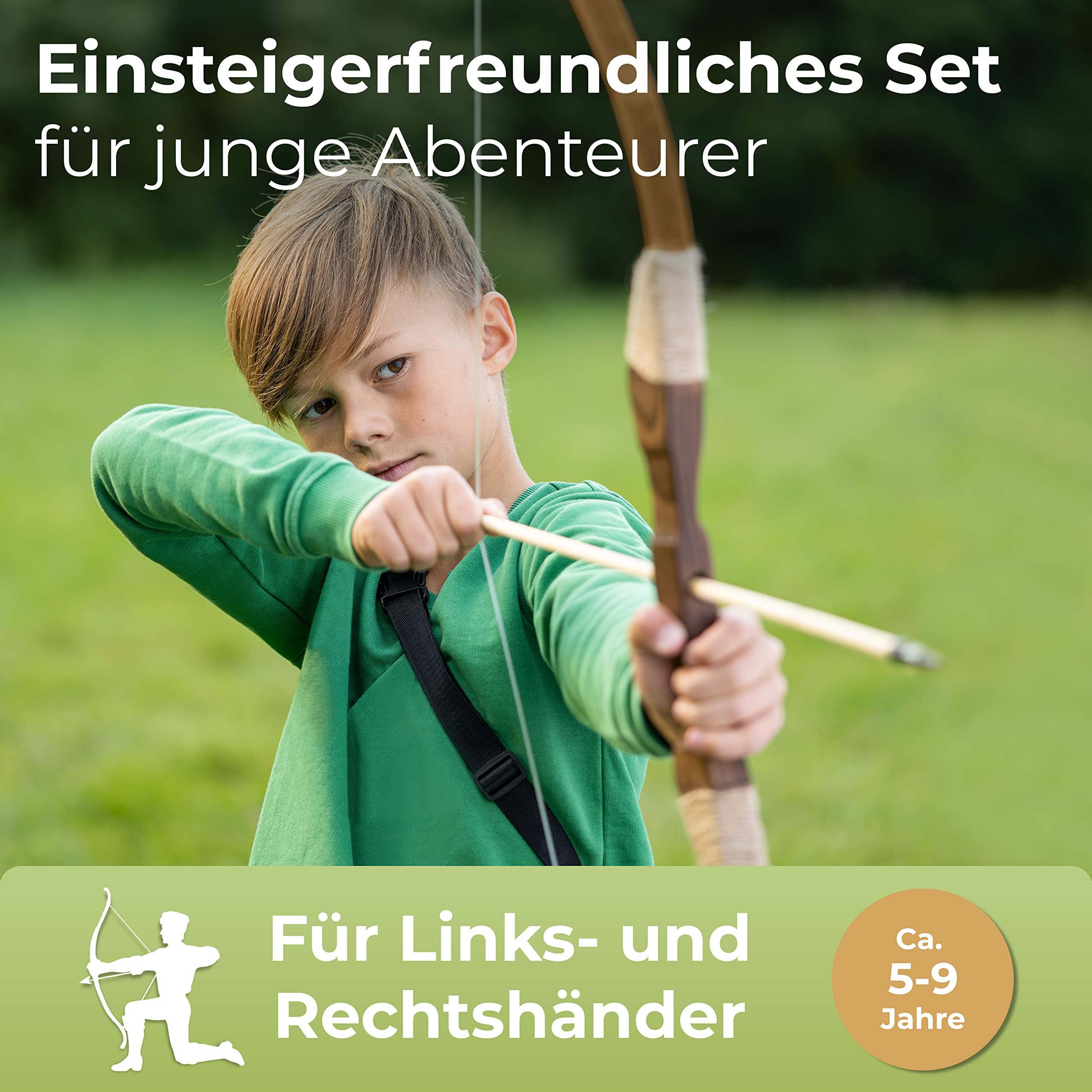 BOWRILLA® Pfeil und Bogen Kinder | 10 Pfeile mit Gummispitze, Köcher und 3 Zielscheiben | Bogenschießen Kinder Set inklusive Aufbewahrungstasche | Kinderbogen für Rechts- und Linkshänder geeignet