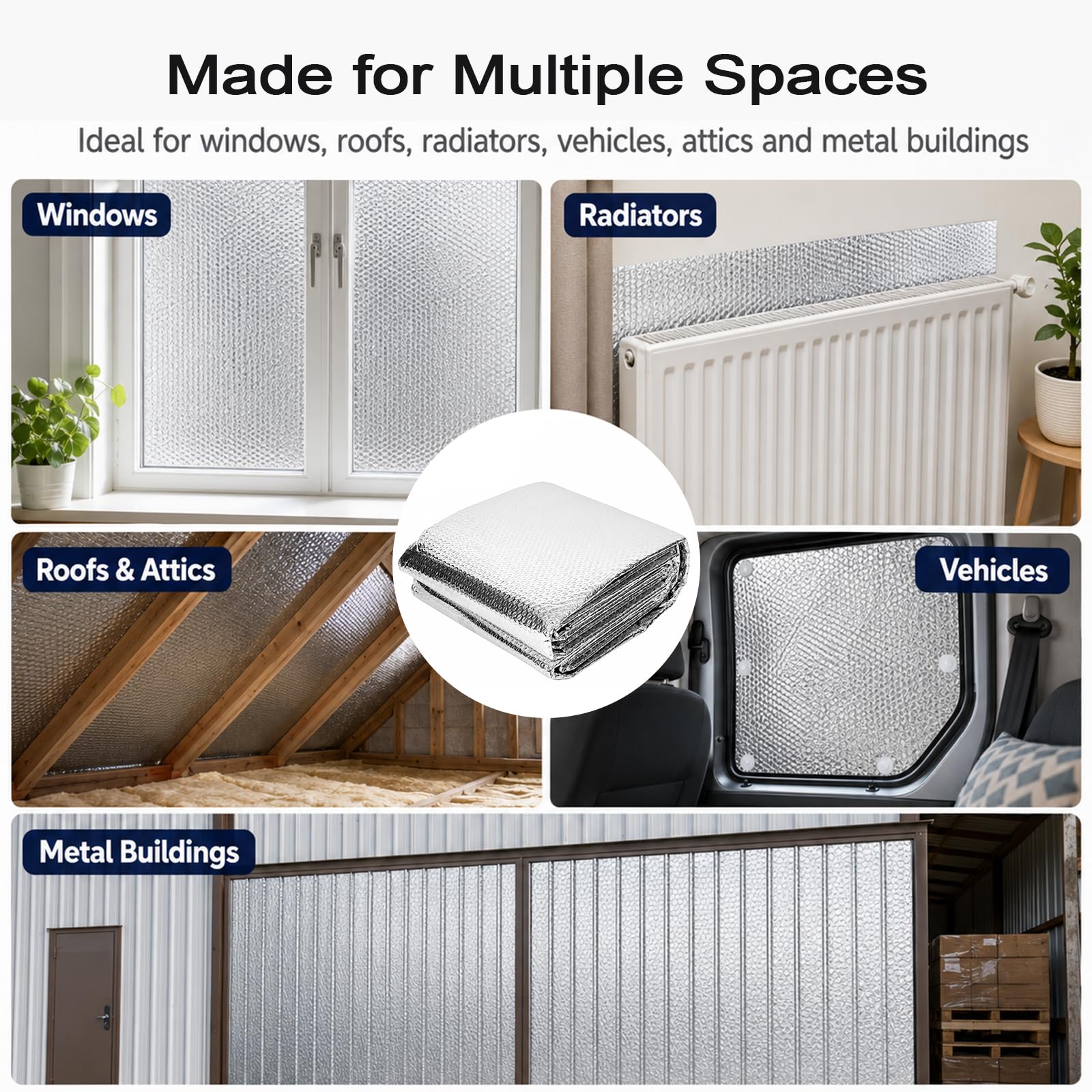 Lámina aislante aluminizada, 1 m x 5 m, 3 mm de grosor, lámina aislante de doble cara de aluminio con 12 tiras adhesivas, lámina reflectante para radiadores para vehículos, techos, ventanas