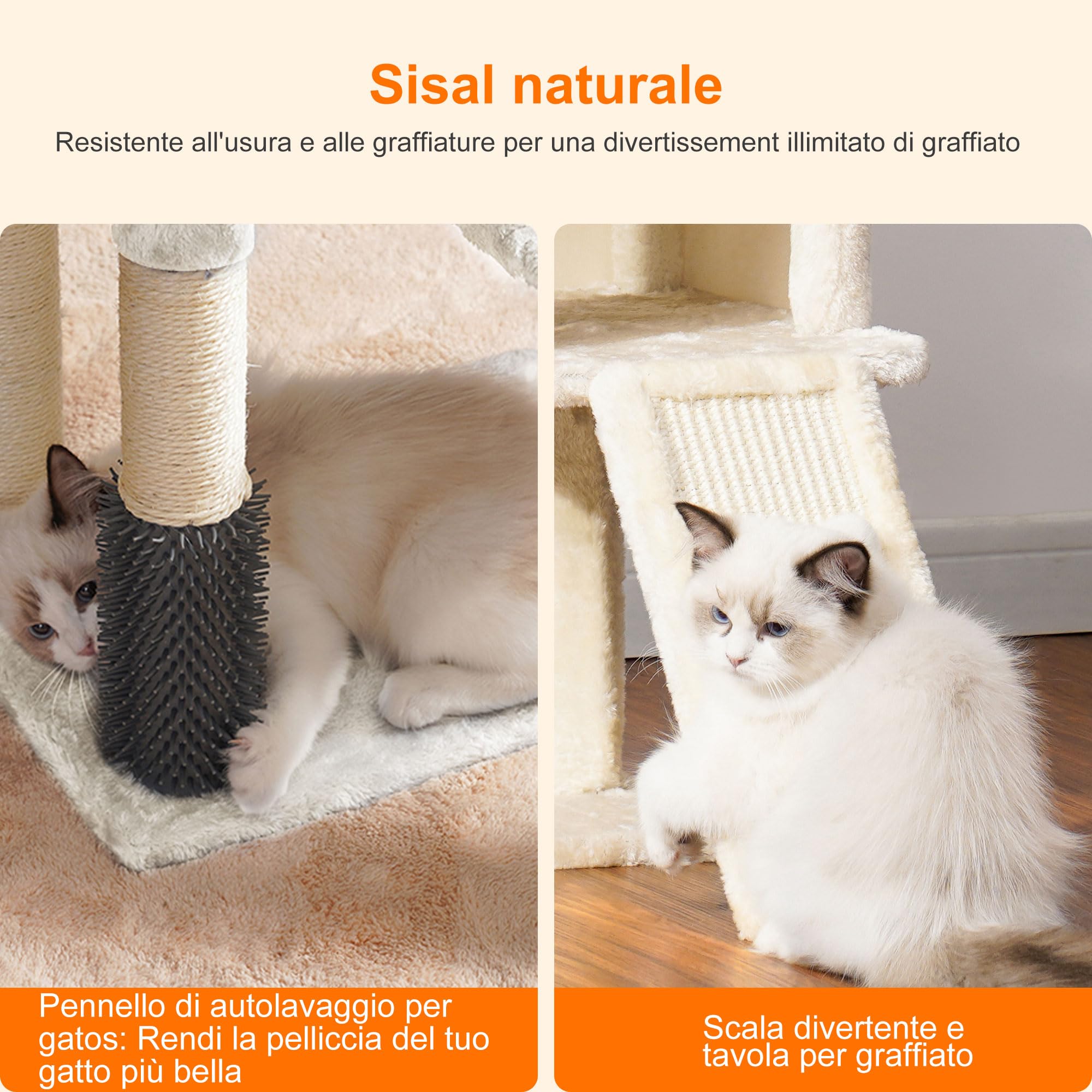 Heybly Albero Per Gatti, Il Pennello di Autocurazione, l'Albero per Gatto Domestici, con Peluche Lisce, Poltrona di Riposo, Nido per Gatti e Paletti per Graffiare, Beige HCT005SM