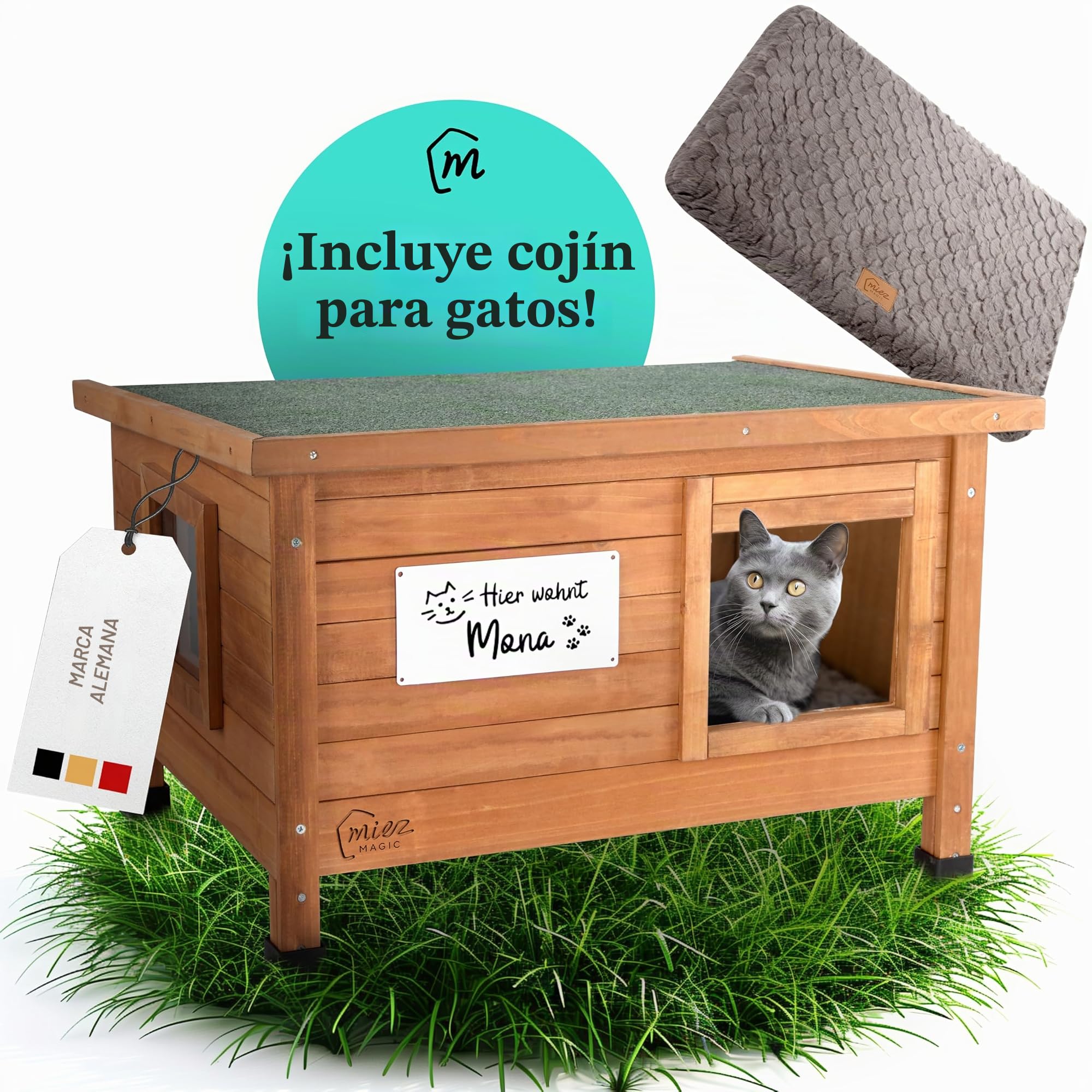 Casa para gatos exterior resistente al invierno aislada, robusta casa para gatos de madera de abeto, resistente al agua y aislada con bisagra en el techo, cómoda cabaña para gatos, incluye