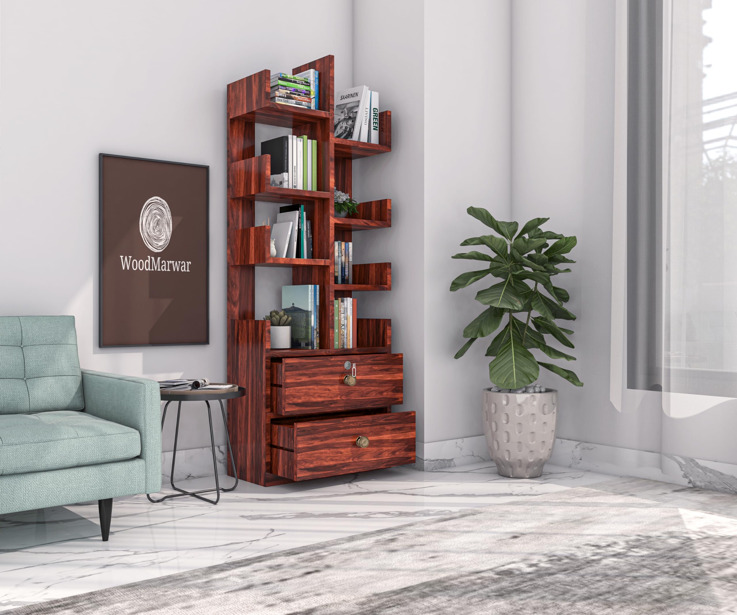 WoodMarwar Sheesham Wood Free Standing Book Shelf | Multipurpose Bookshelf Storage Display Rack with 8 Shelf & 2 Drawer with Lock for Ofice | Decorative Corner Shelf Bookcase for Home Decor | Honey