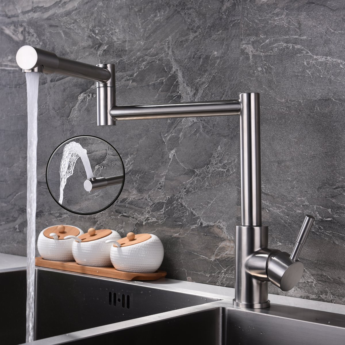 CIENCIA SUS304 stainless steel.Mounting hardware, G1/2" hot & cold 60cm water hoses. 360 degree rotating nozzle for the kitchen faucet SNA157