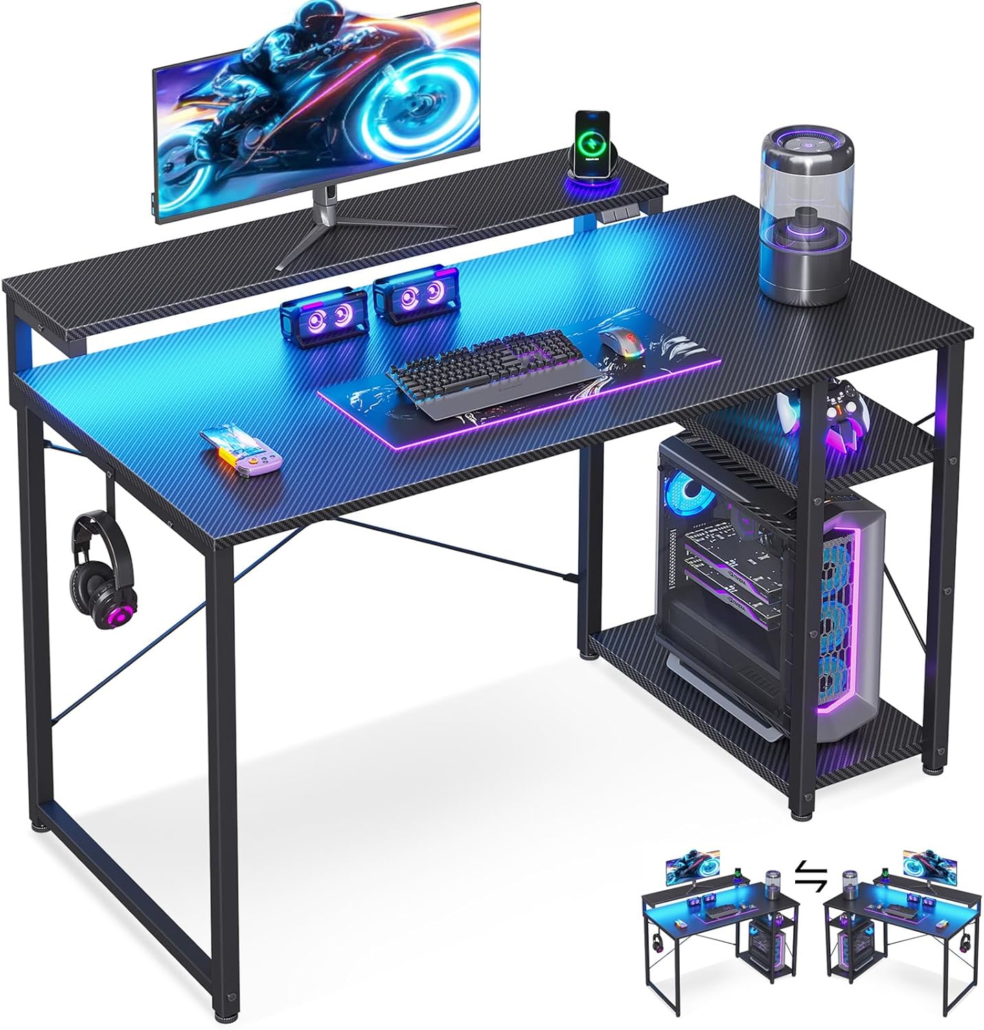 MOTPK 40 Inch Small Gaming Desk with Storage & Led Lights, Computer Desk with Shelf, Reversible Gamer Desk with Monitor Stand, Carbon Fiber Texture Black