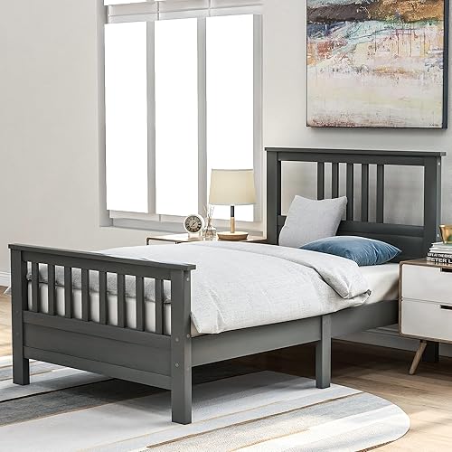 Cama doble plataforma, Rockjame Premium madera plataforma cama con cabecero, pie y soporte fuerte de listones, no necesita resorte de caja (gris)