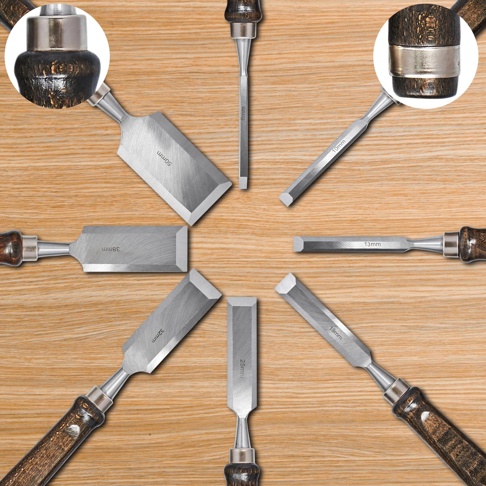 8 Stück Stechbeitel Set Für Holz, Stemmeisen Schleifstein Set, Holzbearbeitungswerkzeuge Holzschnitzerei Hand Meißels Werkzeug Holzbearbeitung Schwarznuss mit Schärfgerät Holzmeißel Chisels Set