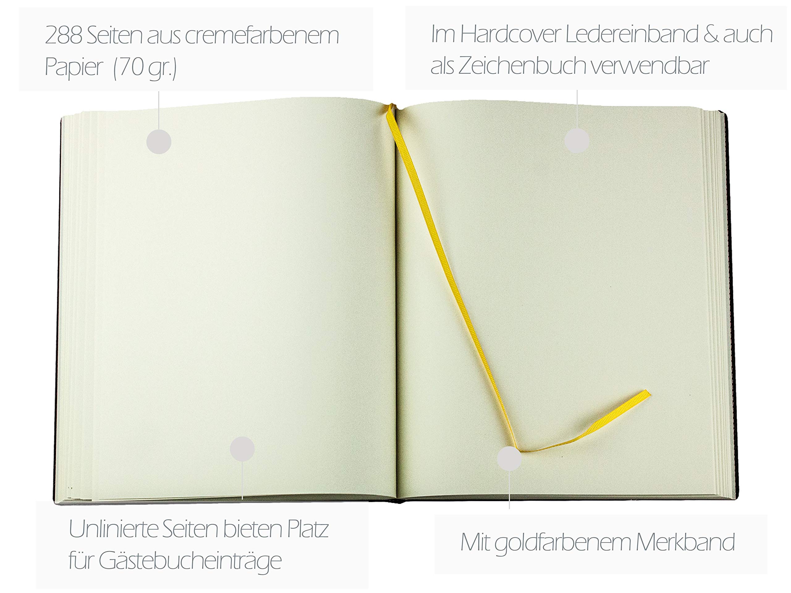 DELMON VARONE - Personalisierbares Gästebuch gebunden in Premium Cambridge Leder schwarz - Blanko Buch mit Hardcover Einband und Merkband zum selbstgestalten für Hochzeit, Taufe, Geburtstag und Geburt