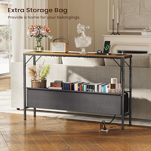 Miniatura 4 de Mesa consola con estación de carga y cesta de almacenamiento, 47.2 pulgadas, mesa detrás del sofá con tomas de corriente, puertos USB, mesa de