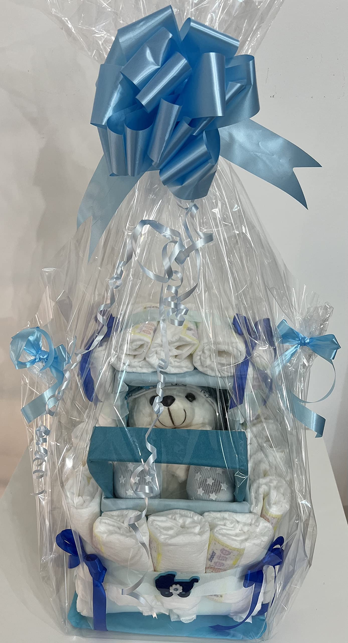 Tarta de Pañales Cochecito/Carrito,(48 und) con Osito. Regalo Original para recién nacidos (Rosa)